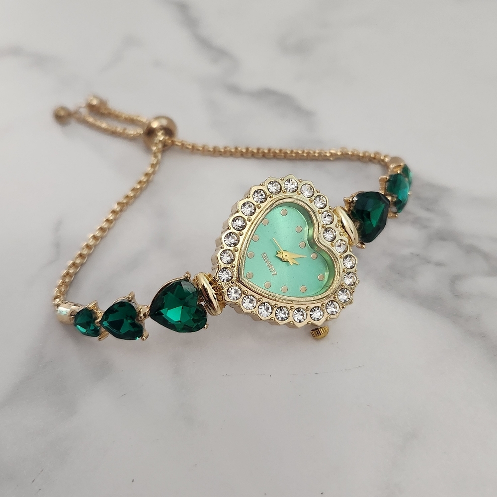 Vintage Green Casual Heart Shape Jewelry With Rhinestones Womens Watch - Picture 6 of 12